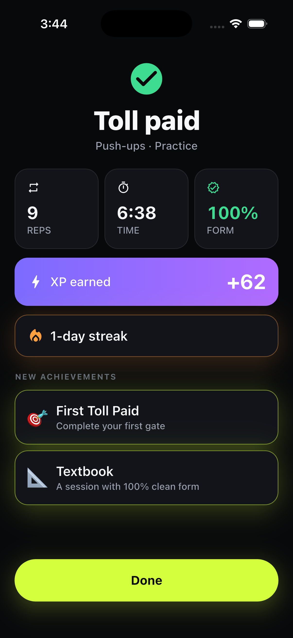 TollGate session summary screen showing XP earned after paying a toll