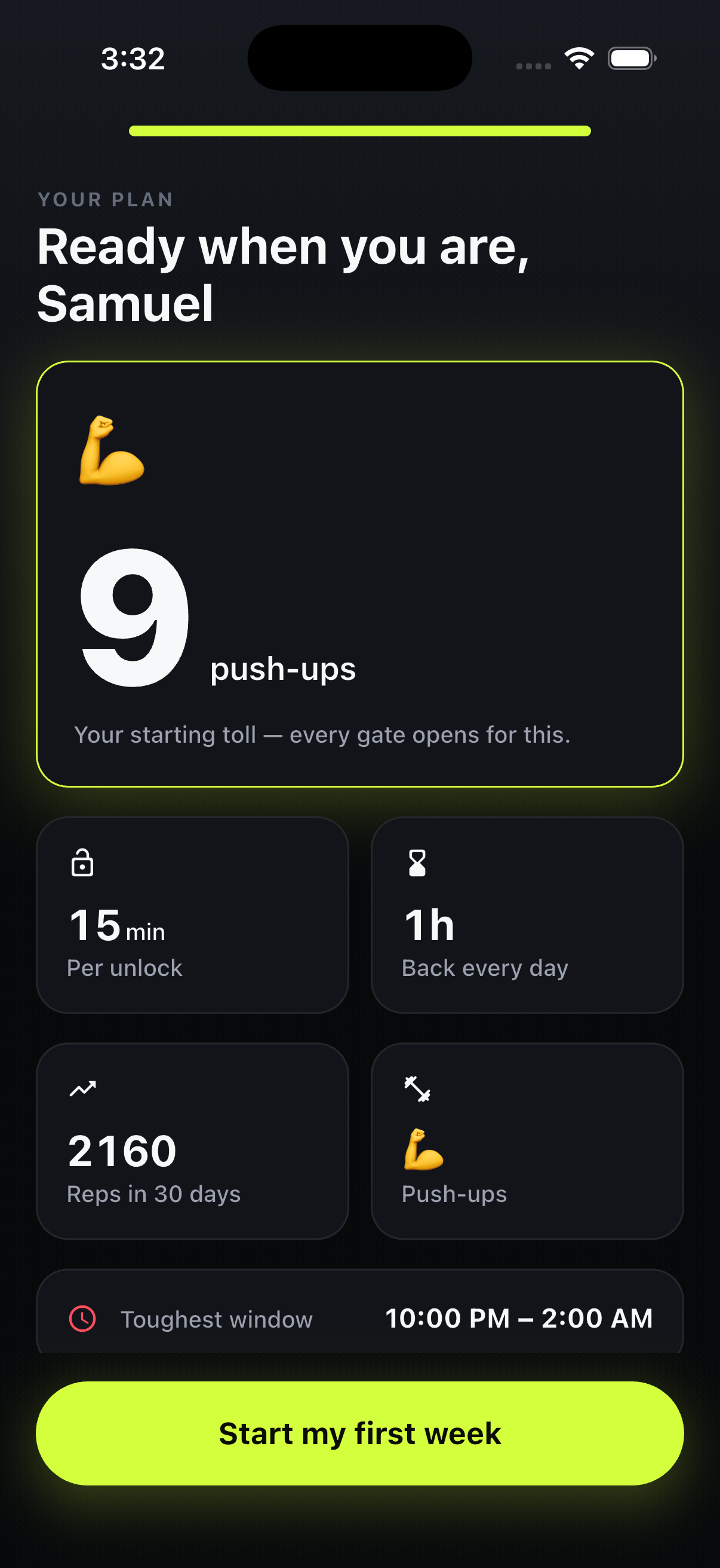 TollGate's toll screen counting push-up reps in real time via the camera